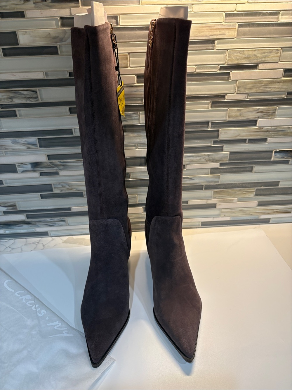 Circus by Sam Edelman YULIA Tall Pointed Toe Suede Boots in Dark Brown